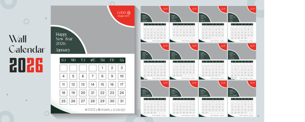 2026 wall calendar template or 2026 corporate business wall calendar