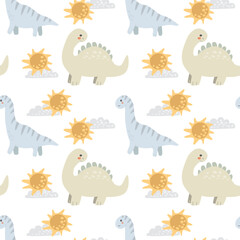 Cute dinosaur and sun pattern on black background.