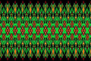 abstract seamless pattern
Vibrant traditional textile pattern featuring symmetrical geometric designs and colorful motifs. The fabric showcases diamond shapes and stylized flame or plant-like elements