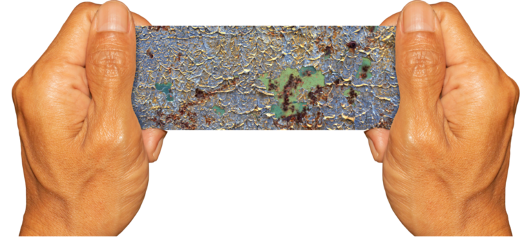 Man Hand Holding Metal Texture Pieces on Transparent Background. Ideal for Text Space or Creative Project.