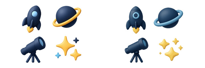 Collection of space and astronomy icons including a rocket ship, ringed planet, telescope, and stars isolated on a white background