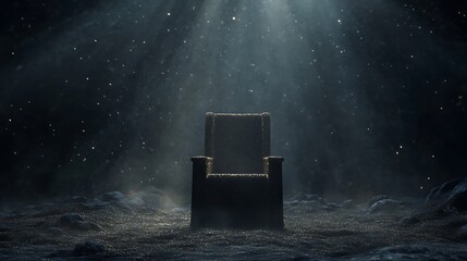 Throne in a Dark Landscape Bathed in Light, Sparkles, and Textured Stone Ground