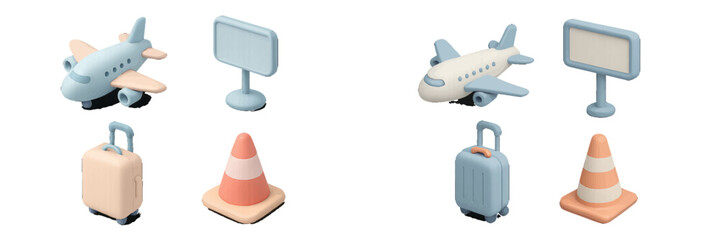 Collection of isometric travel and airport related objects including airplane, luggage, sign, and traffic cone