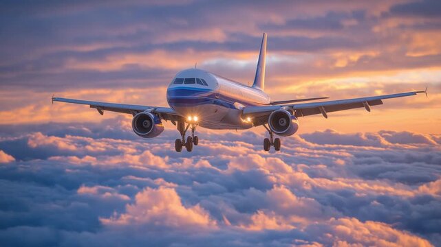 A stunning aerial view captures two commercial jets flying parallel above sunlit clouds, showcasing the harmony of technology and nature.