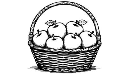 Basket full of apples in black and white illustration for coloring page for kids  