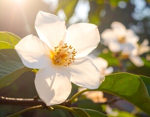 Close-up of a delicate white flower bathed in sunlight
