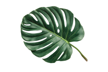Close up of a wet green monstera leaf with water droplets against a dark background