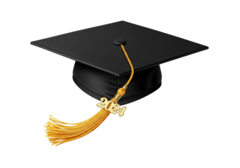 Black graduation cap with gold tassel and 2024 charm isolated on transparent background