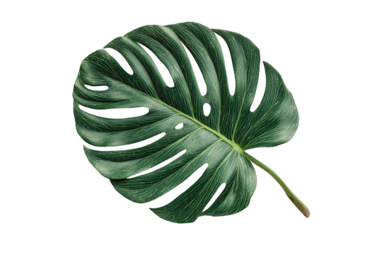 Close up of a wet green monstera leaf with water droplets against a dark background