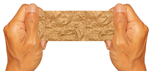 Man Hand Holding Torn Brown Crumpled Paper Texture Pieces on Transparent Background. Ideal for Text Space or Creative Project.