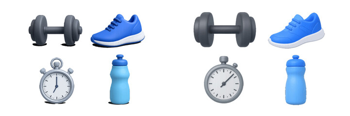 Essential fitness and workout equipment set with dumbbells, athletic shoes, stopwatch, and hydration bottle for exercise and healthy lifestyle