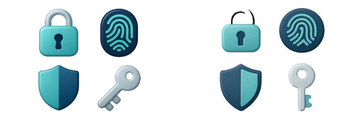 Modern 3D security icons: padlock, fingerprint, shield, key symbols