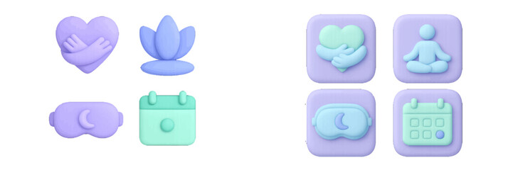 3D icon set for self-care and mental health applications featuring symbols for meditation, yoga, sleep, and scheduling