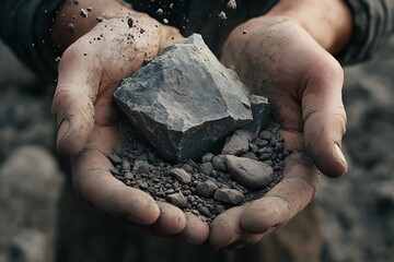 Two Dirty Hands Hold Chunk of Raw Stone and Gravel with Dust Particles Falling