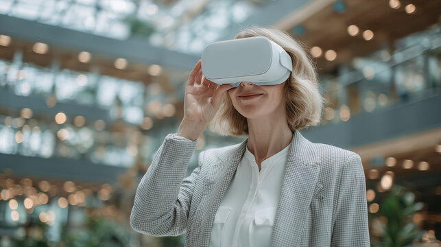 Businesswoman in modern office using VR headset for immersive digital learning, futuristic workplace design.
