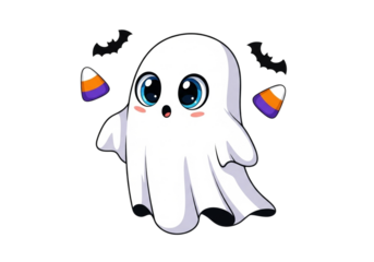 Cute cartoon ghost with candy corn and bats isolated on transparent background