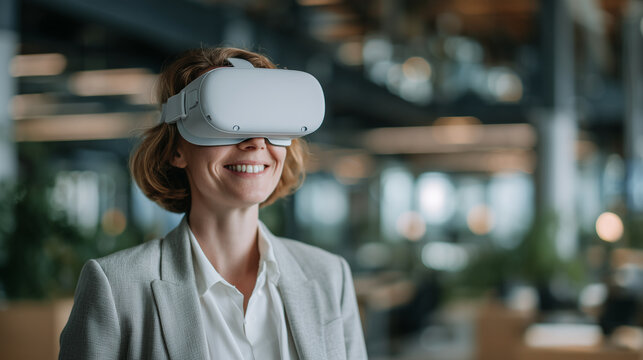 Businesswoman in modern office using VR headset for immersive digital learning, futuristic workplace design. - Powered by Adobe