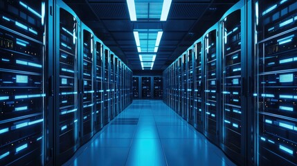 Fototapeta premium Modern data center with glowing blue server racks in futuristic corridor, ideal for technology presentations, IT infrastructure concepts, cloud computing, and digital business designs