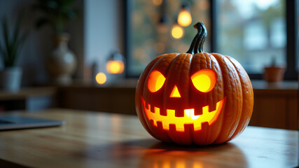Spooky Halloween Pumpkin with Carved Face and Candlelight