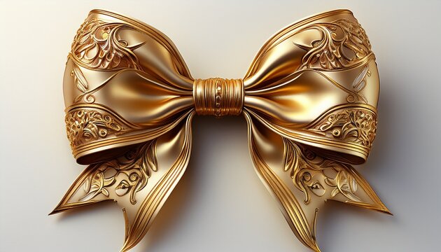 shiny gold bow with intricate detailing on white background decoration ribbon