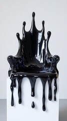 Unique Glossy Black Chair Sculpture with Dripping Design on a White Pedestal Displayed Indoors