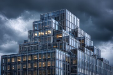Fototapeta premium Modern Glass Skyscraper with Stepped Design against Dramatic Cloudy Sky