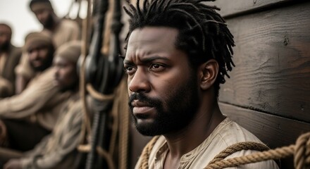Dramatic historical slavery scene, featuring a man on a slave ship with other slaves. Use for history documentaries, social justice campaigns, and educational materials.