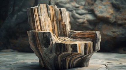 Unique Rock Formation Resembling Chair, Natural Striations, Rustic Stone Seat Design, Outdoors