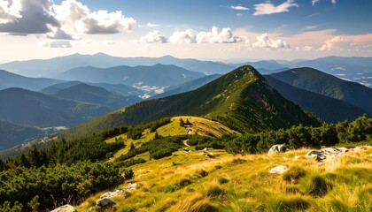Mountain vista with grassy peaks and valleys