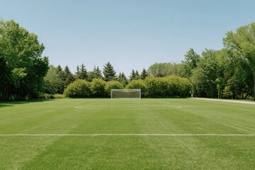 A soccer field in a park on a sunny day