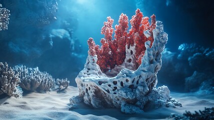 Vibrant Red Coral Growth Surrounded by Porous Rock Formation on Ocean Floor