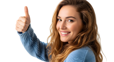 Smiling woman giving a thumbs up, expressing approval and positivity