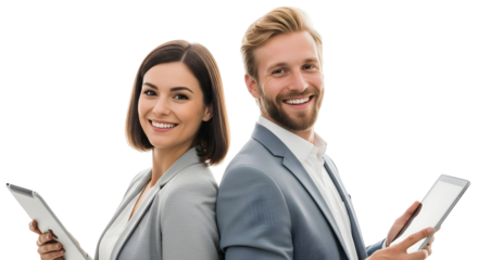 Two confident professionals, a man and woman, stand back-to-back, each holding a tablet and smiling at the camera