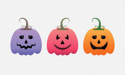 Three colourful halloween pumpkins vector with carved faces