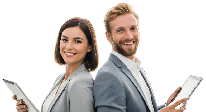 Two confident professionals, a man and woman, stand back-to-back, each holding a tablet and smiling at the camera