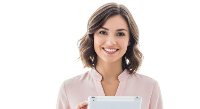 A smiling woman holds a tablet computer, representing modern technology and communication in the workplace - Powered by Adobe