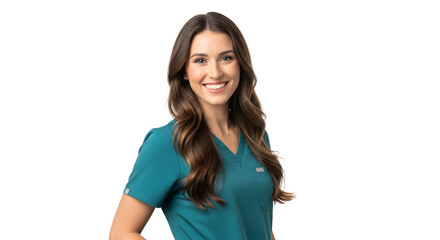 Beautiful Smiling Female Medical Professional in Teal Scrubs, Studio Portrait
