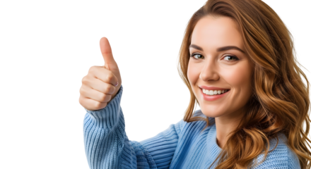 Happy Woman Giving Thumbs Up Gesture of Approval and Success on White Background