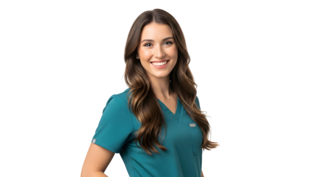 Beautiful Smiling Female Medical Professional in Teal Scrubs, Studio Portrait