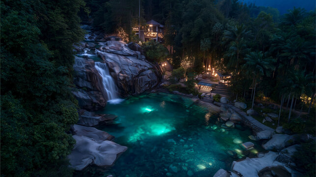 Beautiful nature swimming pool with waterfall at the top of mountain , evening light.