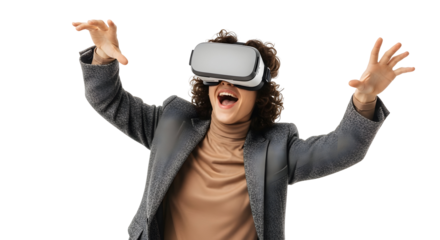 Excited woman wearing virtual reality headset and holding controllers experiencing immersive digital entertainment