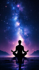 Silhouette of meditating man against vibrant star-filled galaxy, digital art