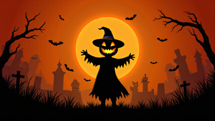 Spooky Halloween Night with Jack-o'-Lantern and Witch