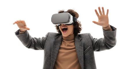 Excited person wearing a virtual reality headset, experiencing an immersive digital world