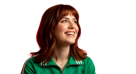 A happy young woman with red hair and a green jacket smiles and laughs