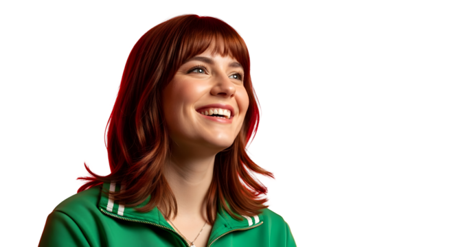 Smiling woman with red hair and bangs wearing a green jacket, isolated on white background, studio shot