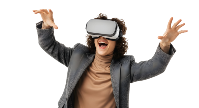 Excited woman wearing virtual reality headset and holding controllers experiencing immersive digital entertainment