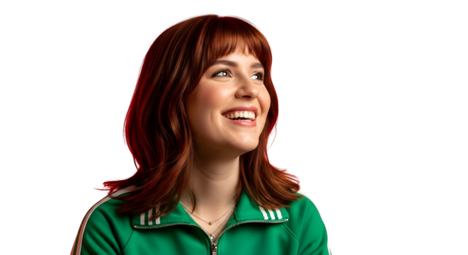 A happy young woman with red hair and a green jacket smiles and laughs