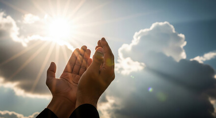 Hands Raised Together in Spiritual Prayer Asking for Blessings, Guidance, and Strength Under Blue Cloudy Sky