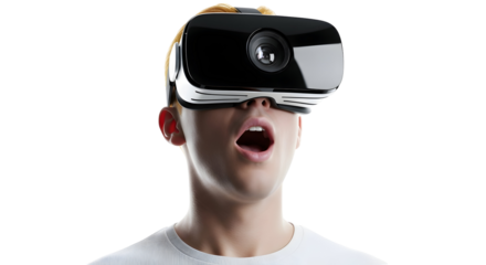 Man experiences virtual reality with an open mouth and surprised expression wearing a VR headset
